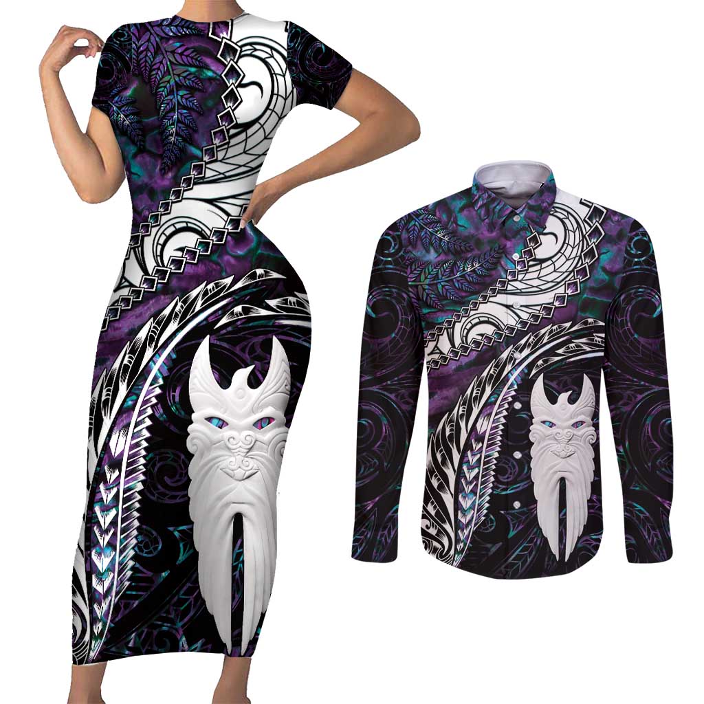 New Zealand Aotearoa Couples Matching Short Sleeve Bodycon Dress and Long Sleeve Button Shirt Maori Hei Rehua Paua Shell Glitter Purple