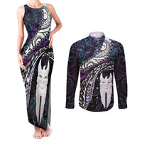 New Zealand Aotearoa Couples Matching Tank Maxi Dress and Long Sleeve Button Shirt Maori Hei Rehua Paua Shell Glitter Purple
