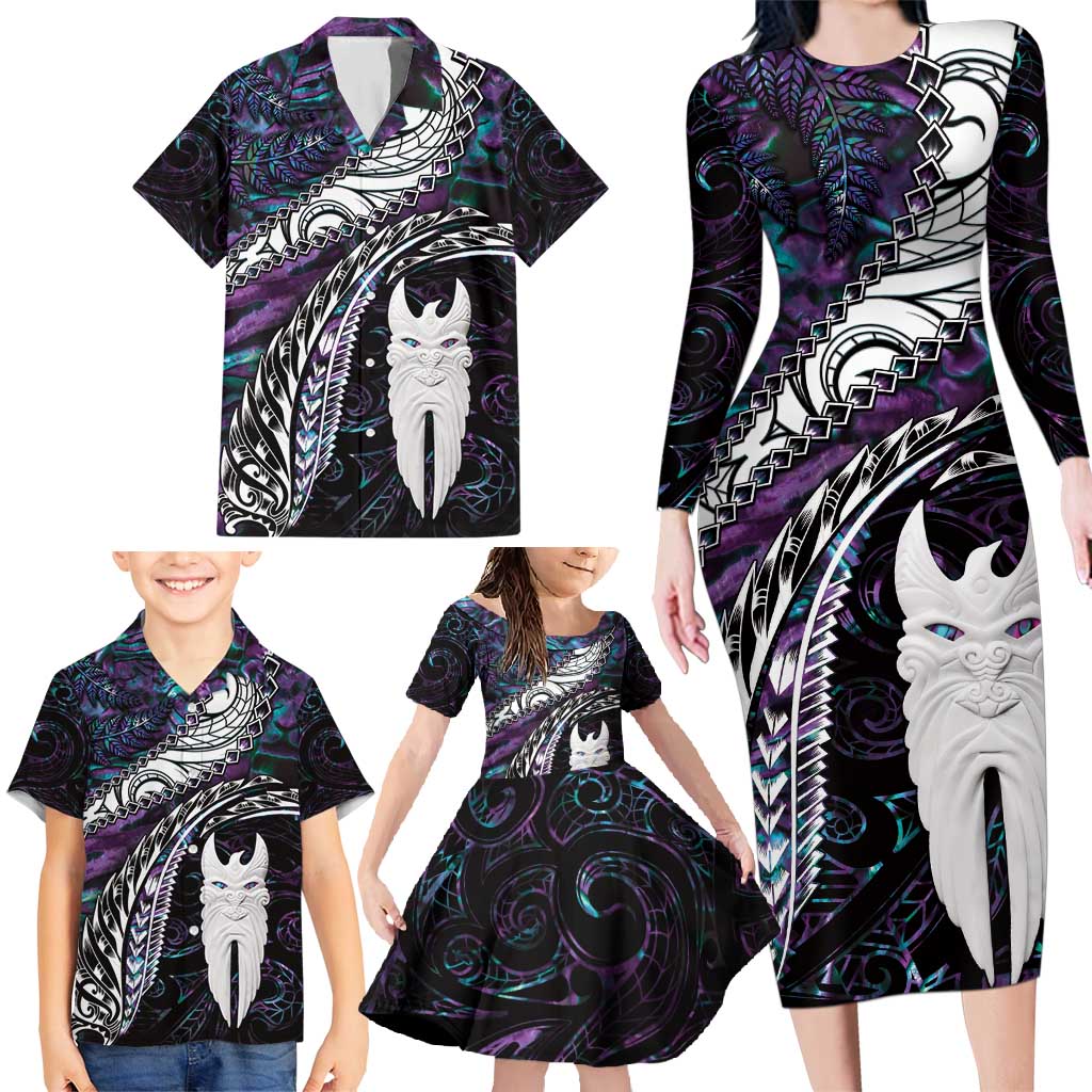 New Zealand Aotearoa Family Matching Long Sleeve Bodycon Dress and Hawaiian Shirt Maori Hei Rehua Paua Shell Glitter Purple LT05 - Polynesian Pride