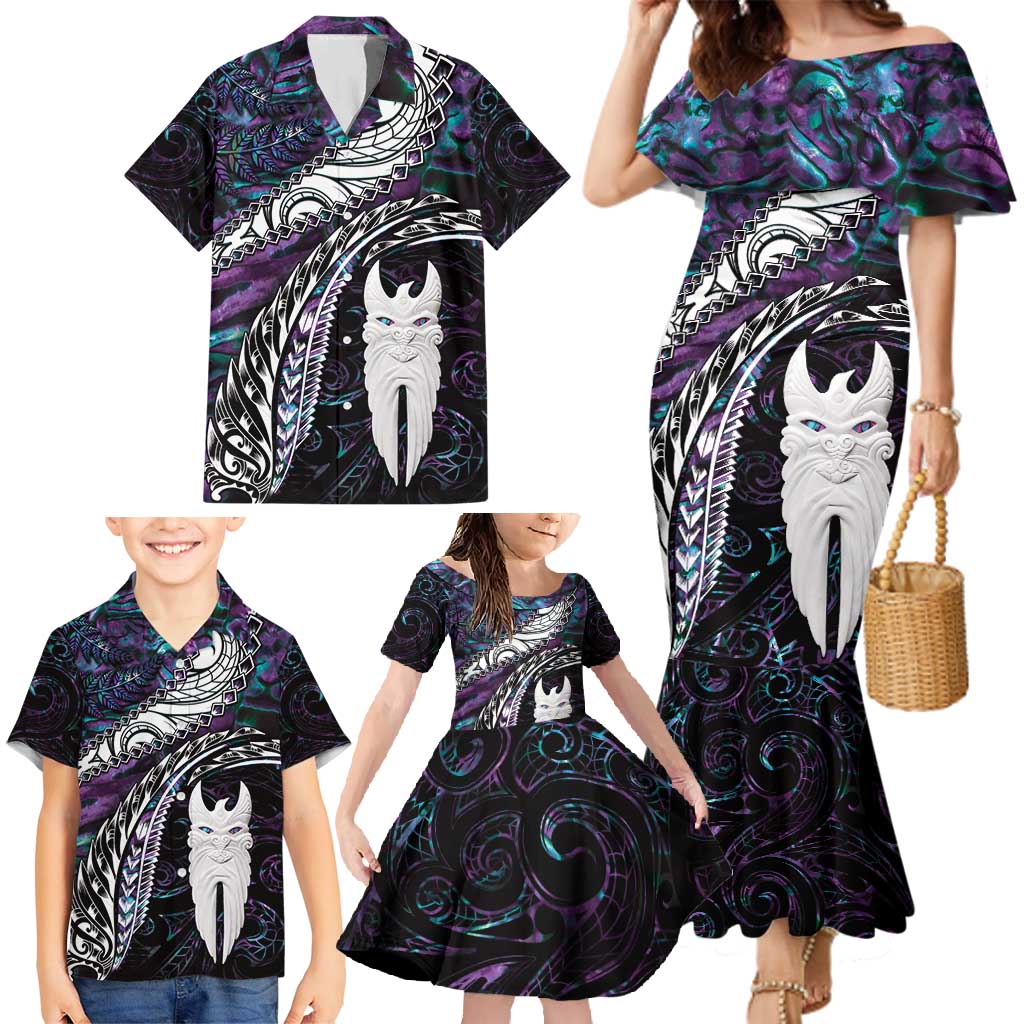 New Zealand Aotearoa Family Matching Mermaid Dress and Hawaiian Shirt Maori Hei Rehua Paua Shell Glitter Purple