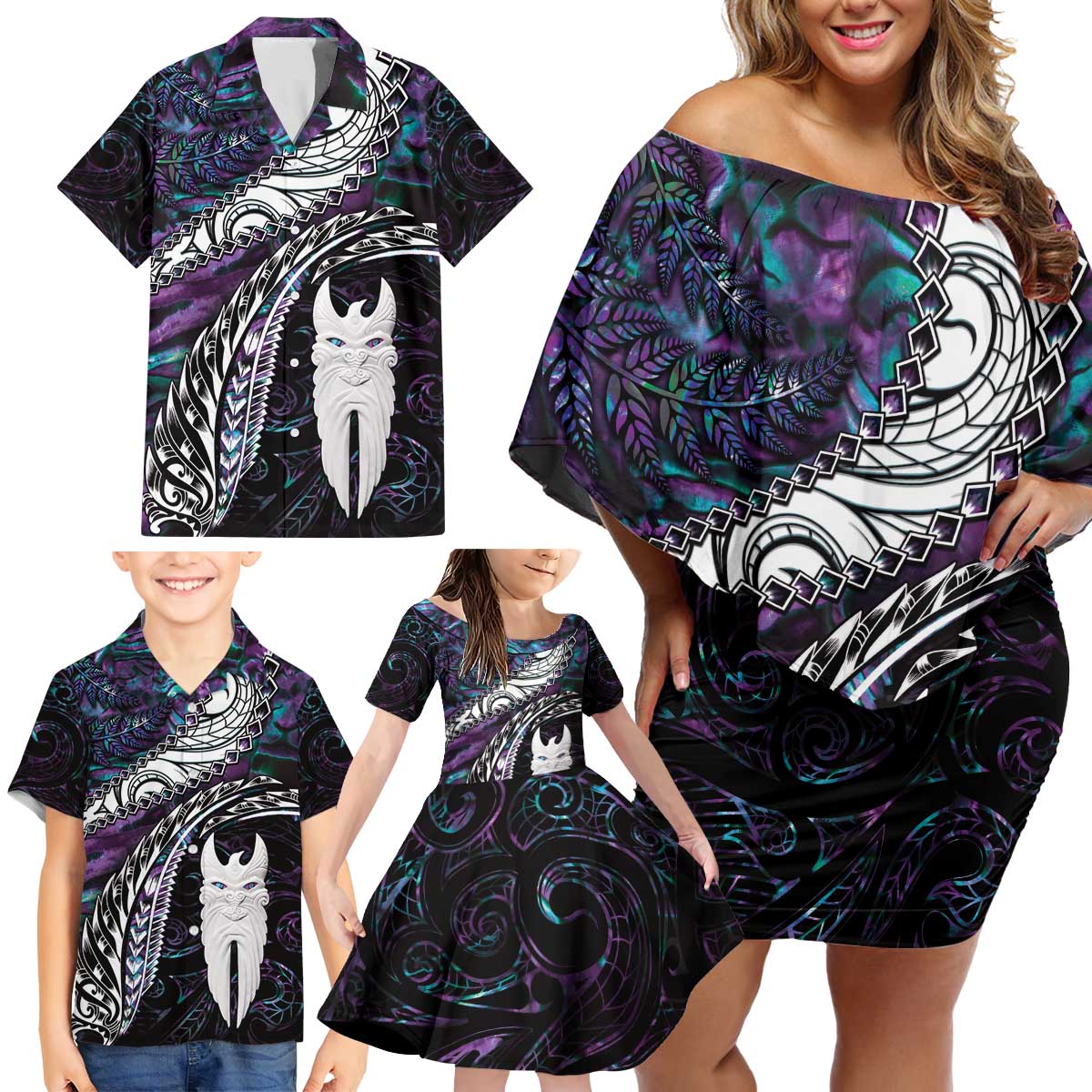 New Zealand Aotearoa Family Matching Off Shoulder Short Dress and Hawaiian Shirt Maori Hei Rehua Paua Shell Glitter Purple