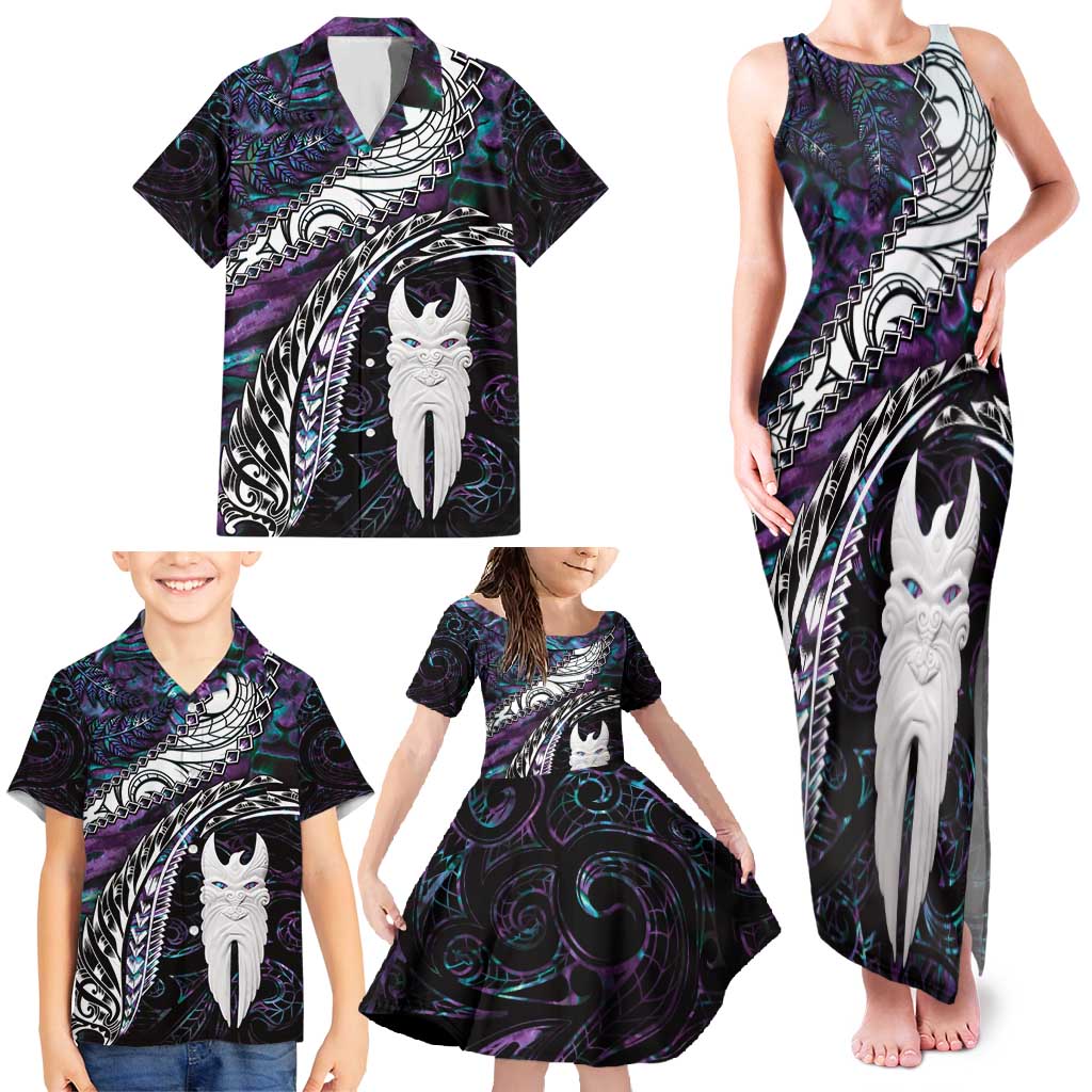 New Zealand Aotearoa Family Matching Tank Maxi Dress and Hawaiian Shirt Maori Hei Rehua Paua Shell Glitter Purple LT05 - Polynesian Pride