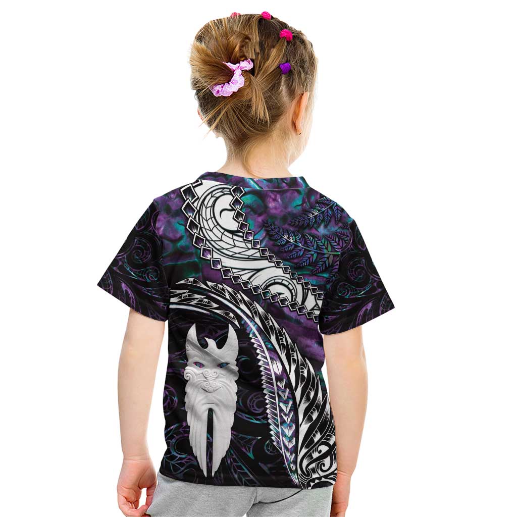 New Zealand Aotearoa Kid T Shirt Maori Hei Rehua Paua Shell Glitter Purple