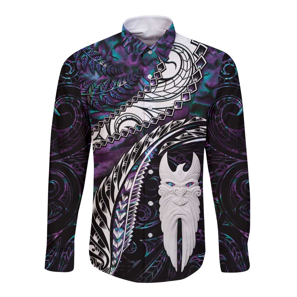 New Zealand Aotearoa Long Sleeve Button Shirt Maori Hei Rehua Paua Shell Glitter Purple