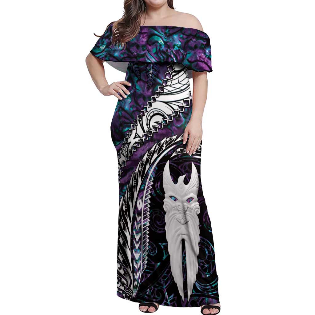 New Zealand Aotearoa Off Shoulder Maxi Dress Maori Hei Rehua Paua Shell Glitter Purple