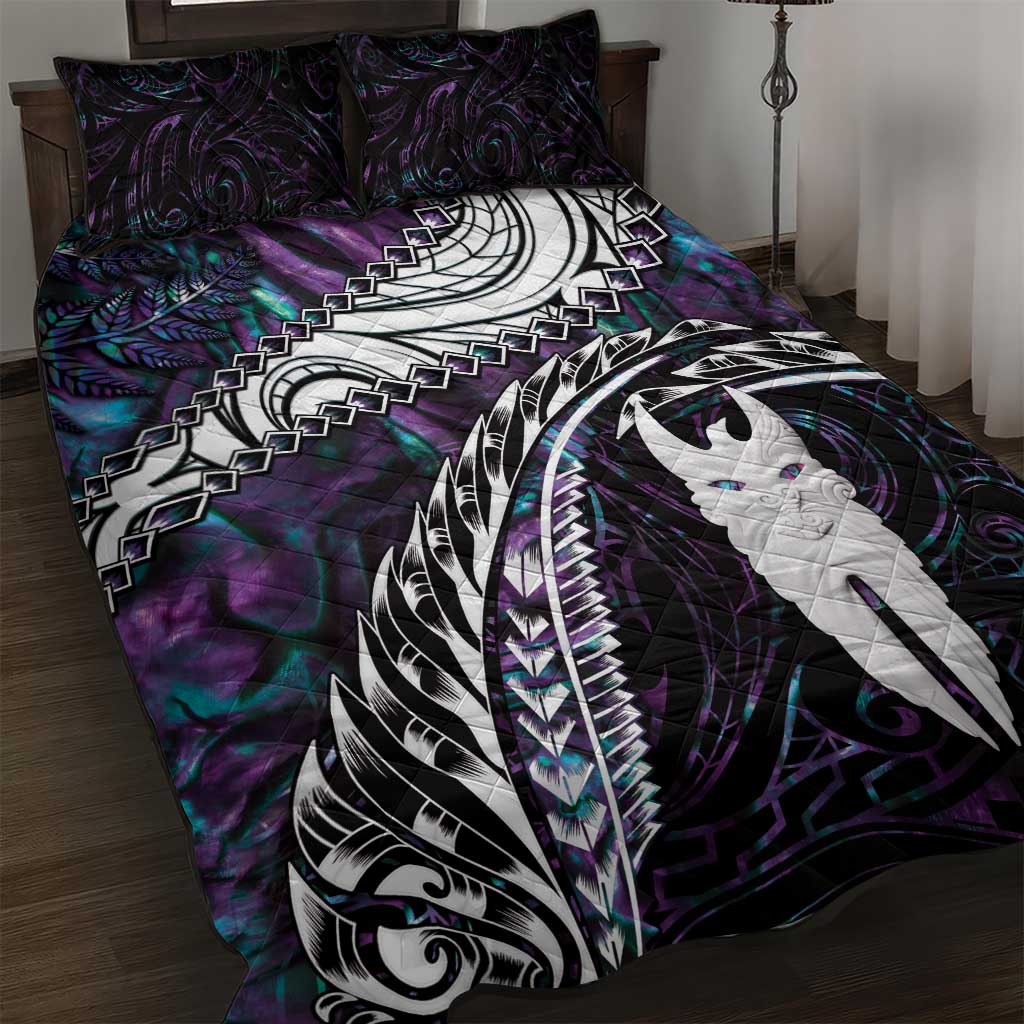 New Zealand Aotearoa Quilt Bed Set Maori Hei Rehua Paua Shell Glitter Purple