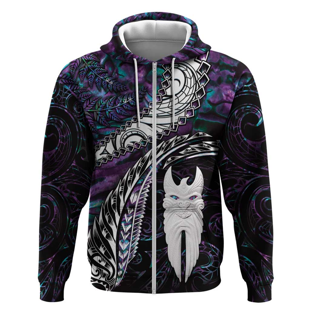 New Zealand Aotearoa Zip Hoodie Maori Hei Rehua Paua Shell Glitter Purple