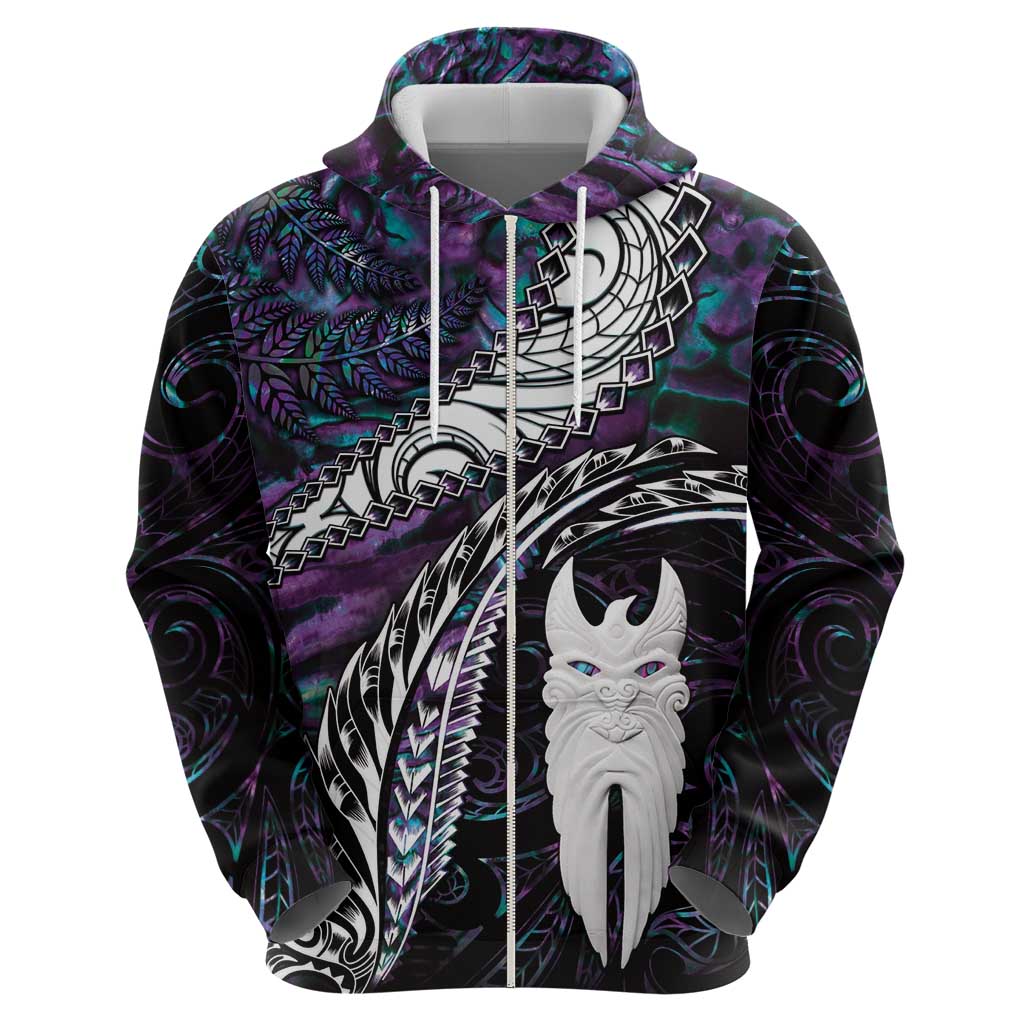 New Zealand Aotearoa Zip Hoodie Maori Hei Rehua Paua Shell Glitter Purple