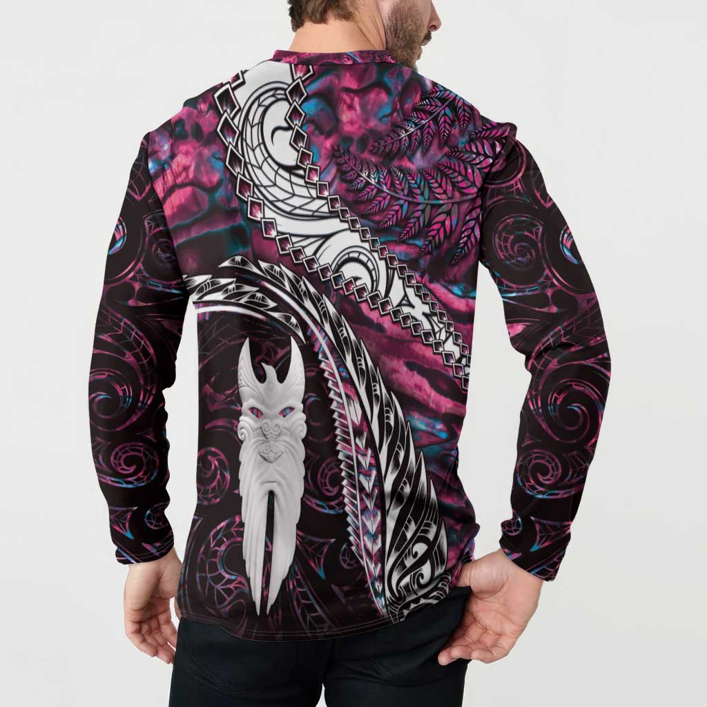 New Zealand Aotearoa Button Sweatshirt Maori Hei Rehua Paua Shell Glitter Pink LT05 - Polynesian Pride