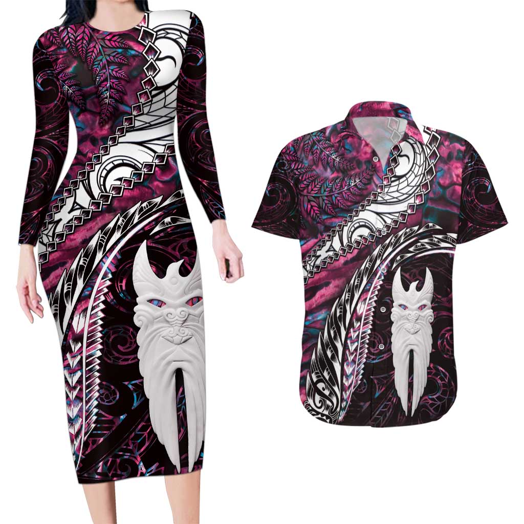 New Zealand Aotearoa Couples Matching Long Sleeve Bodycon Dress and Hawaiian Shirt Maori Hei Rehua Paua Shell Glitter Pink