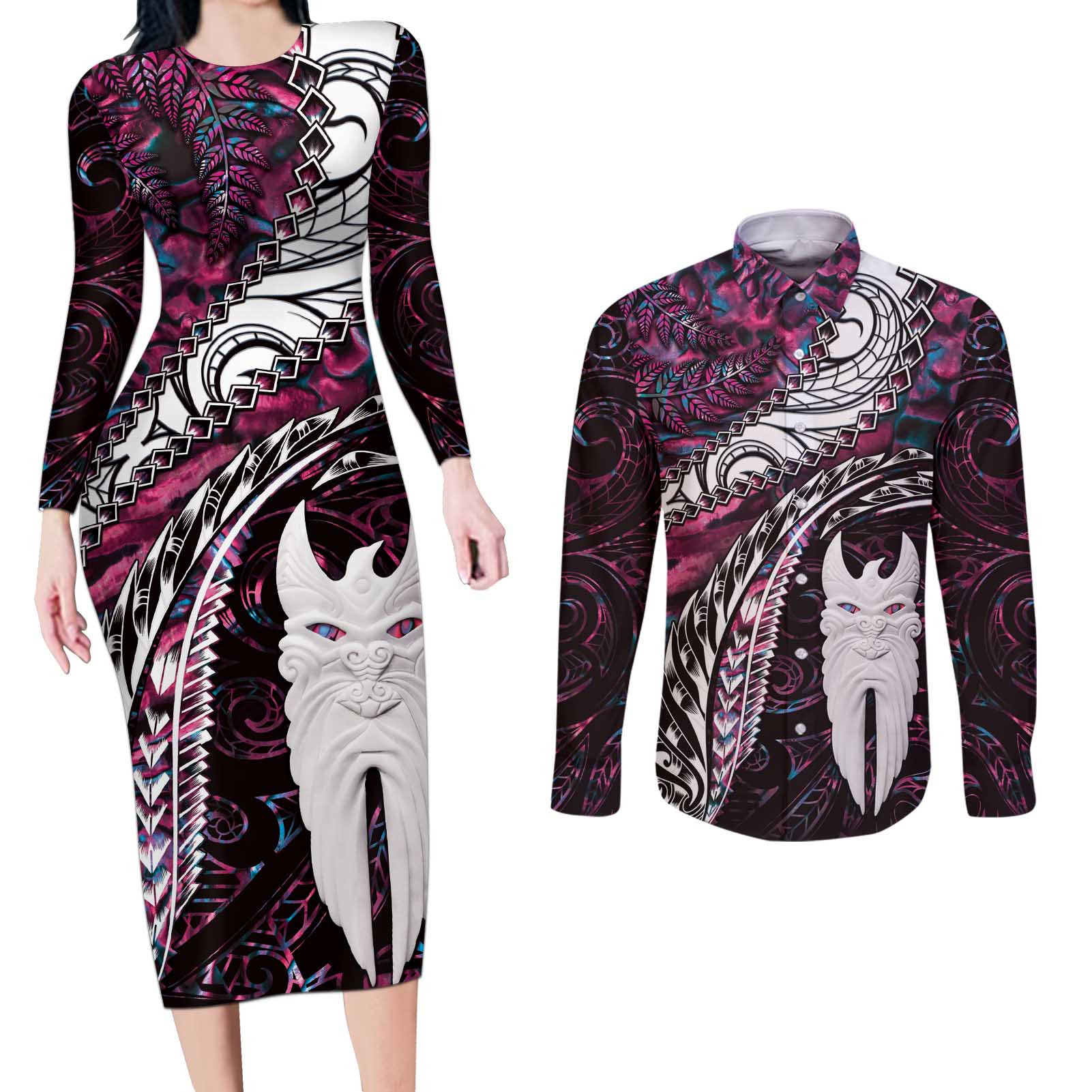 New Zealand Aotearoa Couples Matching Long Sleeve Bodycon Dress and Long Sleeve Button Shirt Maori Hei Rehua Paua Shell Glitter Pink