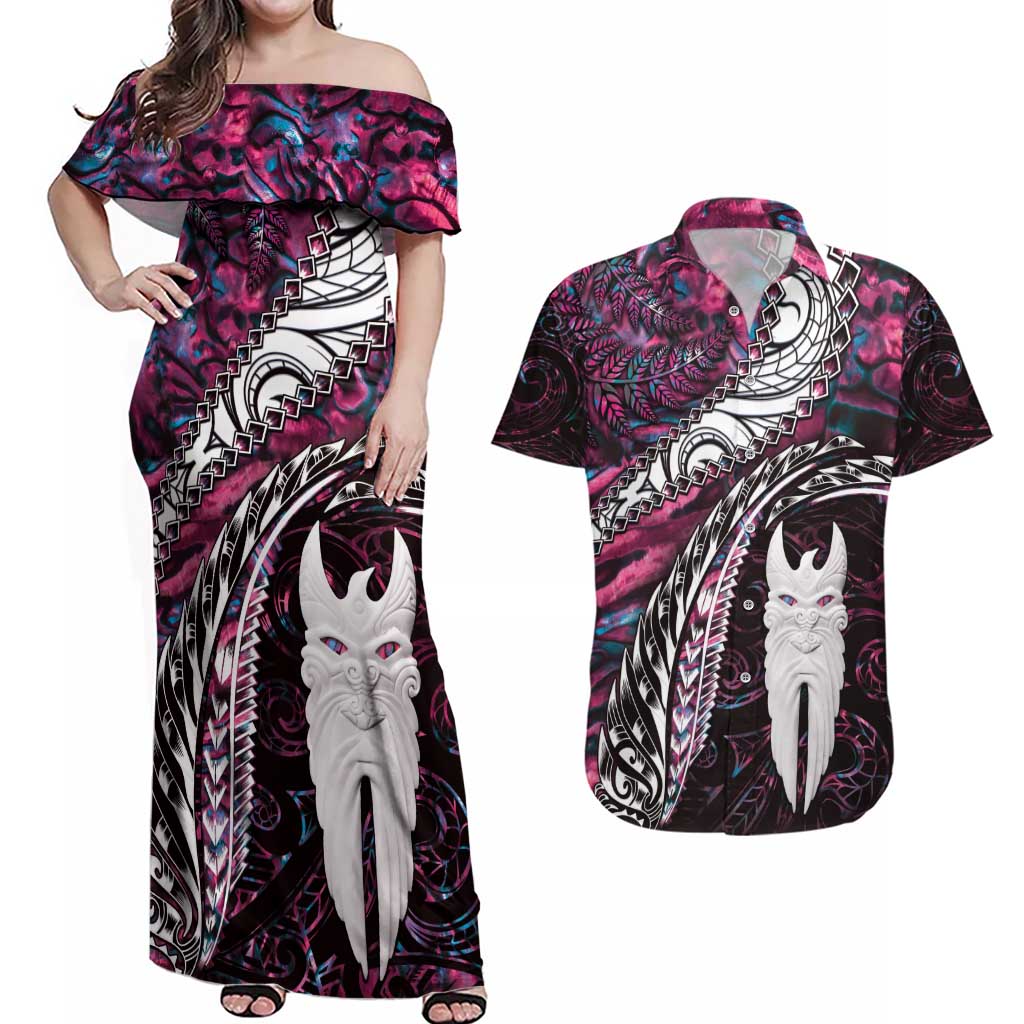 New Zealand Aotearoa Couples Matching Off Shoulder Maxi Dress and Hawaiian Shirt Maori Hei Rehua Paua Shell Glitter Pink