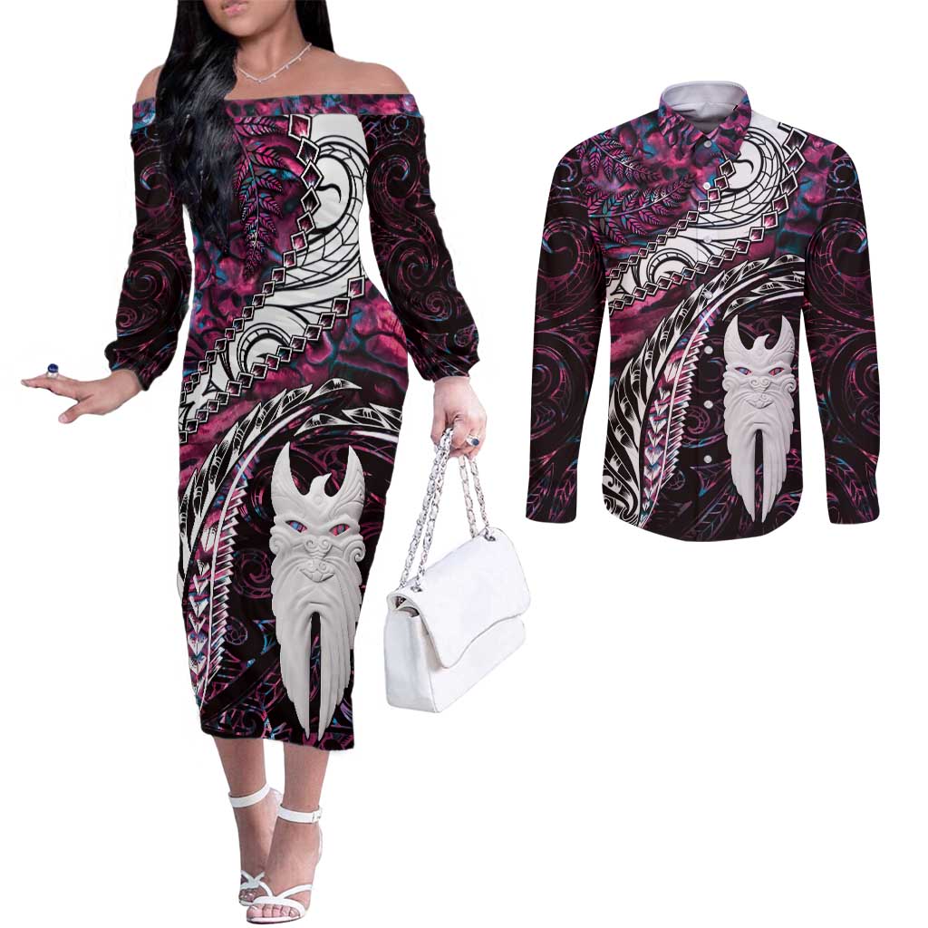 New Zealand Aotearoa Couples Matching Off The Shoulder Long Sleeve Dress and Long Sleeve Button Shirt Maori Hei Rehua Paua Shell Glitter Pink