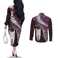 New Zealand Aotearoa Couples Matching Off The Shoulder Long Sleeve Dress and Long Sleeve Button Shirt Maori Hei Rehua Paua Shell Glitter Pink