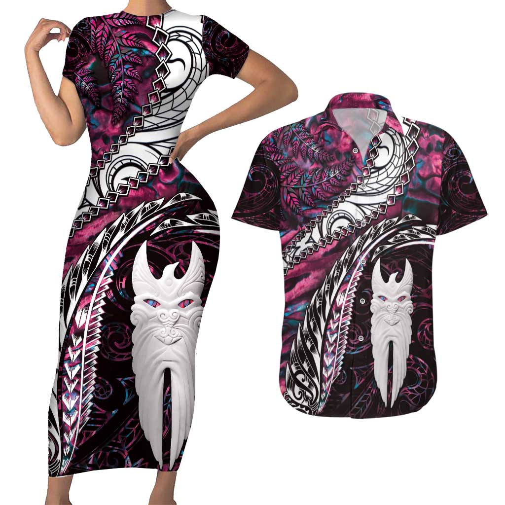 New Zealand Aotearoa Couples Matching Short Sleeve Bodycon Dress and Hawaiian Shirt Maori Hei Rehua Paua Shell Glitter Pink LT05 Pink - Polynesian Pride