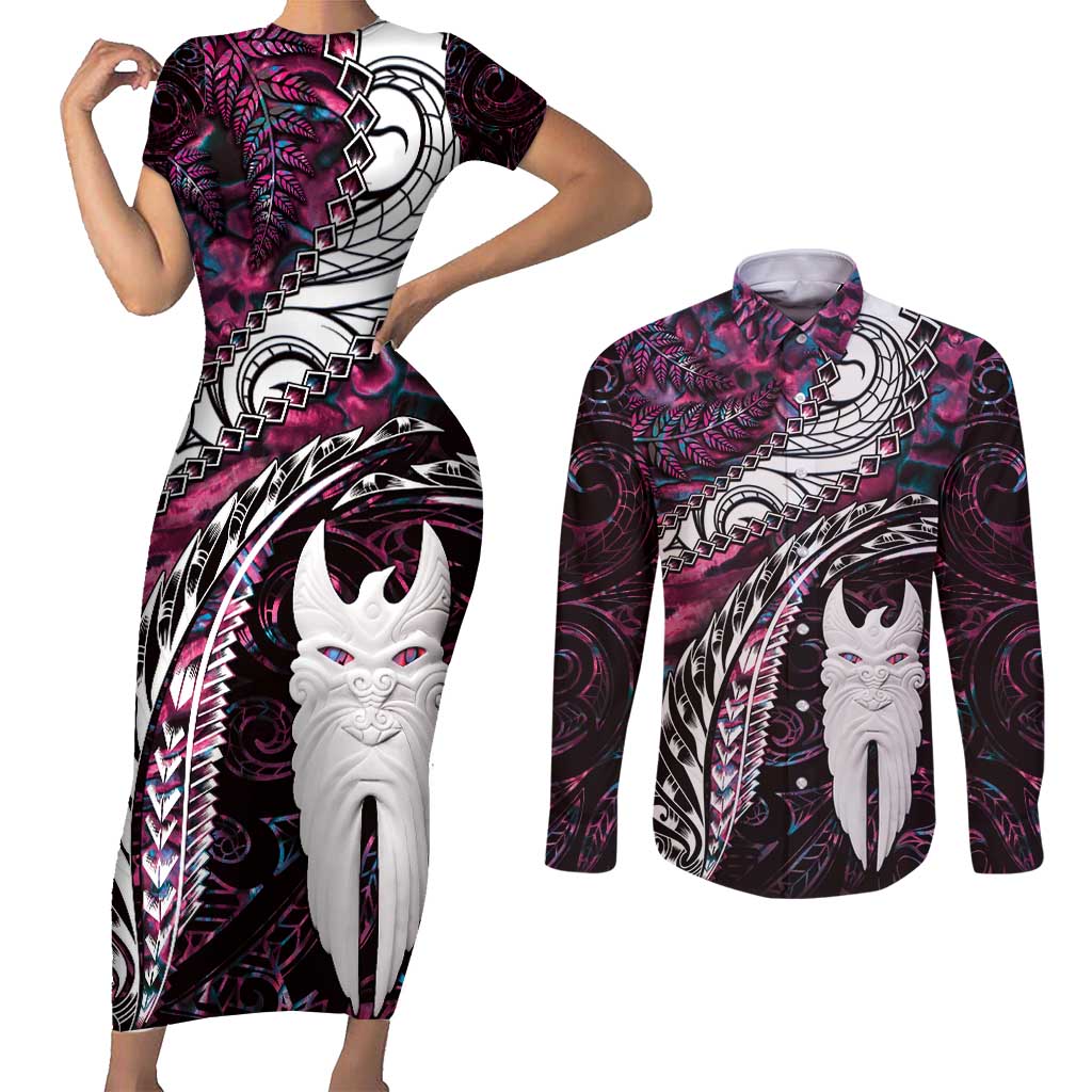 New Zealand Aotearoa Couples Matching Short Sleeve Bodycon Dress and Long Sleeve Button Shirt Maori Hei Rehua Paua Shell Glitter Pink