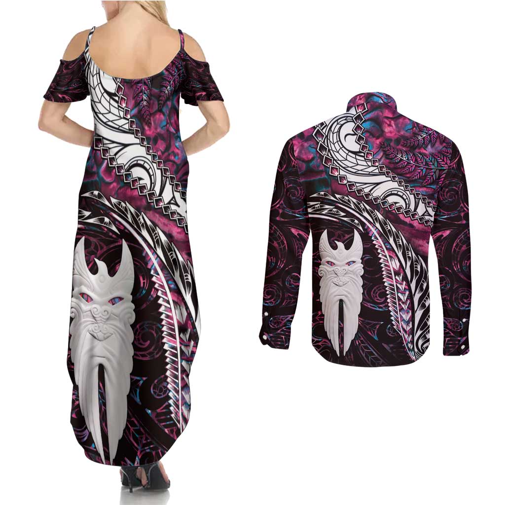 New Zealand Aotearoa Couples Matching Summer Maxi Dress and Long Sleeve Button Shirt Maori Hei Rehua Paua Shell Glitter Pink