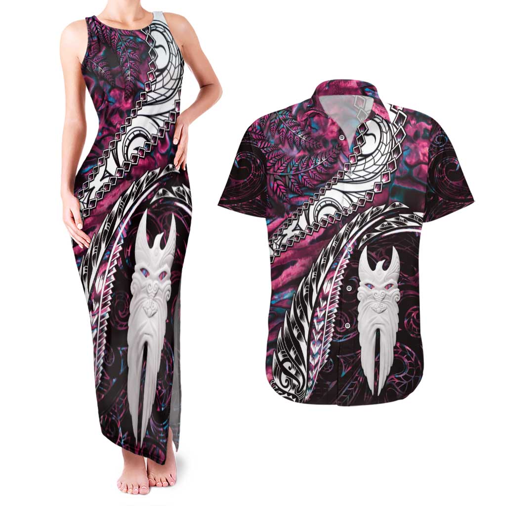 New Zealand Aotearoa Couples Matching Tank Maxi Dress and Hawaiian Shirt Maori Hei Rehua Paua Shell Glitter Pink