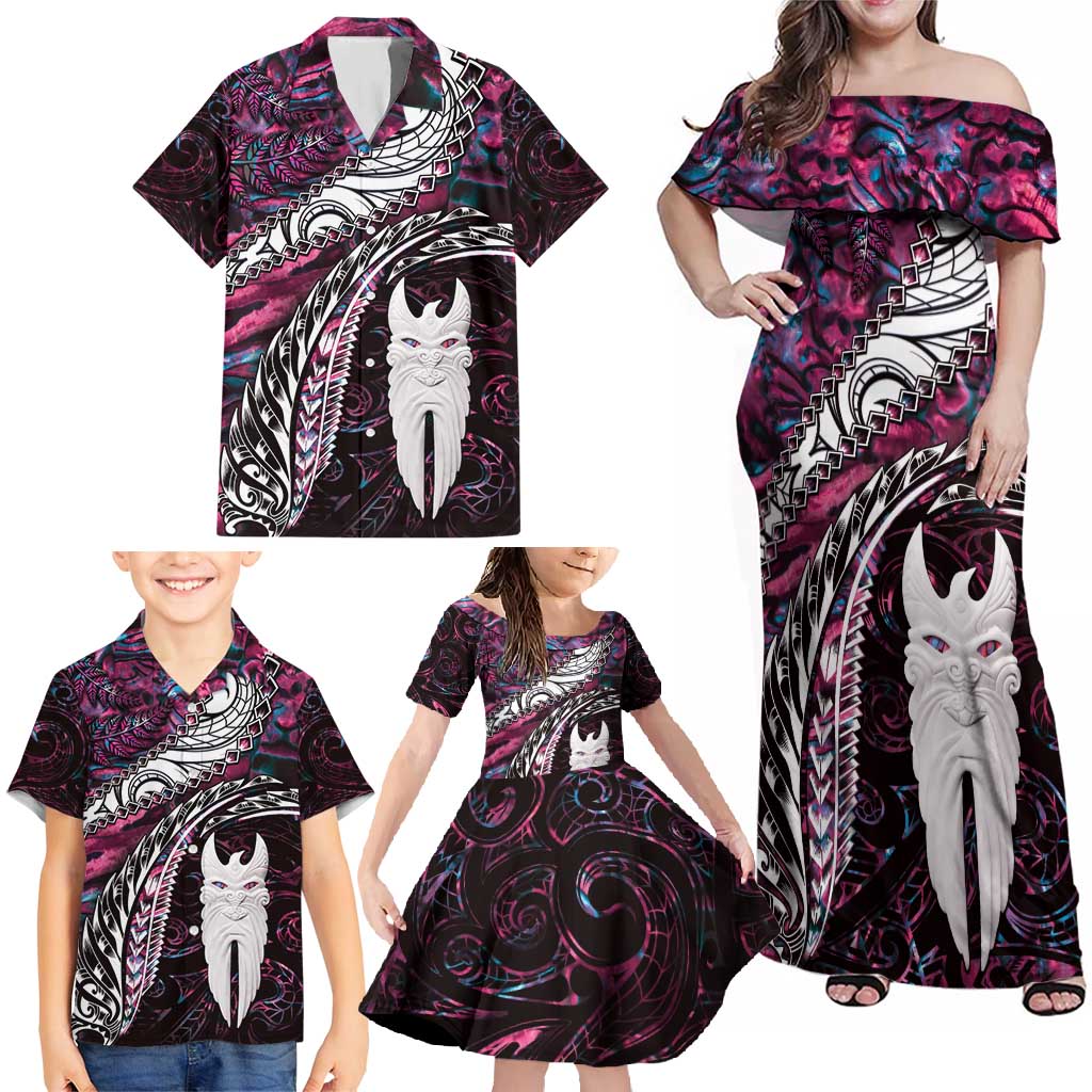 New Zealand Aotearoa Family Matching Off Shoulder Maxi Dress and Hawaiian Shirt Maori Hei Rehua Paua Shell Glitter Pink