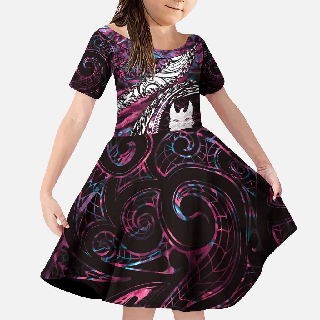 New Zealand Aotearoa Family Matching Tank Maxi Dress and Hawaiian Shirt Maori Hei Rehua Paua Shell Glitter Pink LT05 Daughter's Dress Pink - Polynesian Pride