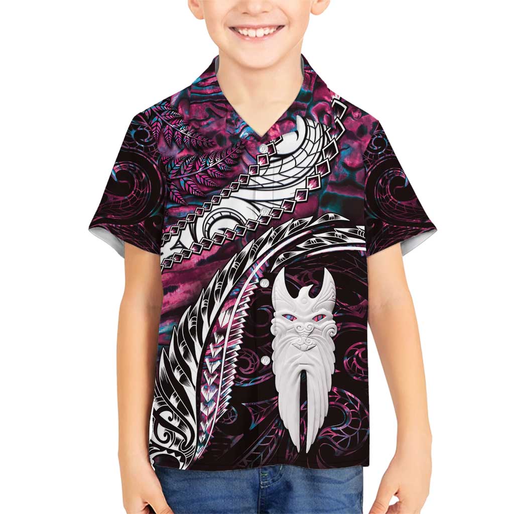 New Zealand Aotearoa Family Matching Tank Maxi Dress and Hawaiian Shirt Maori Hei Rehua Paua Shell Glitter Pink LT05 Son's Shirt Pink - Polynesian Pride