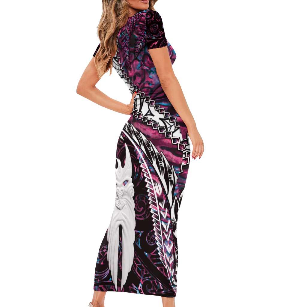 New Zealand Aotearoa Short Sleeve Bodycon Dress Maori Hei Rehua Paua Shell Glitter Pink