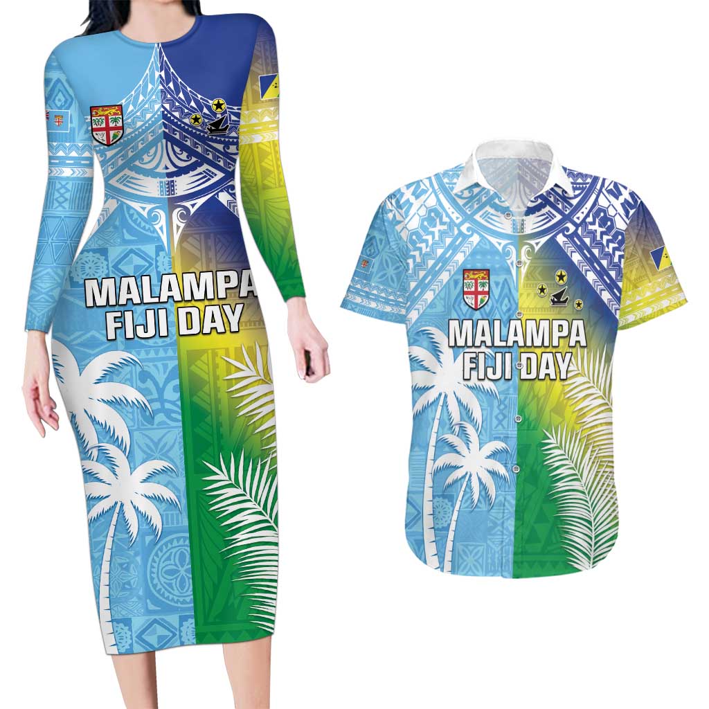 Personalised Happy Malampa Fiji Day Couples Matching Long Sleeve Bodycon Dress and Hawaiian Shirt Half Mix Style