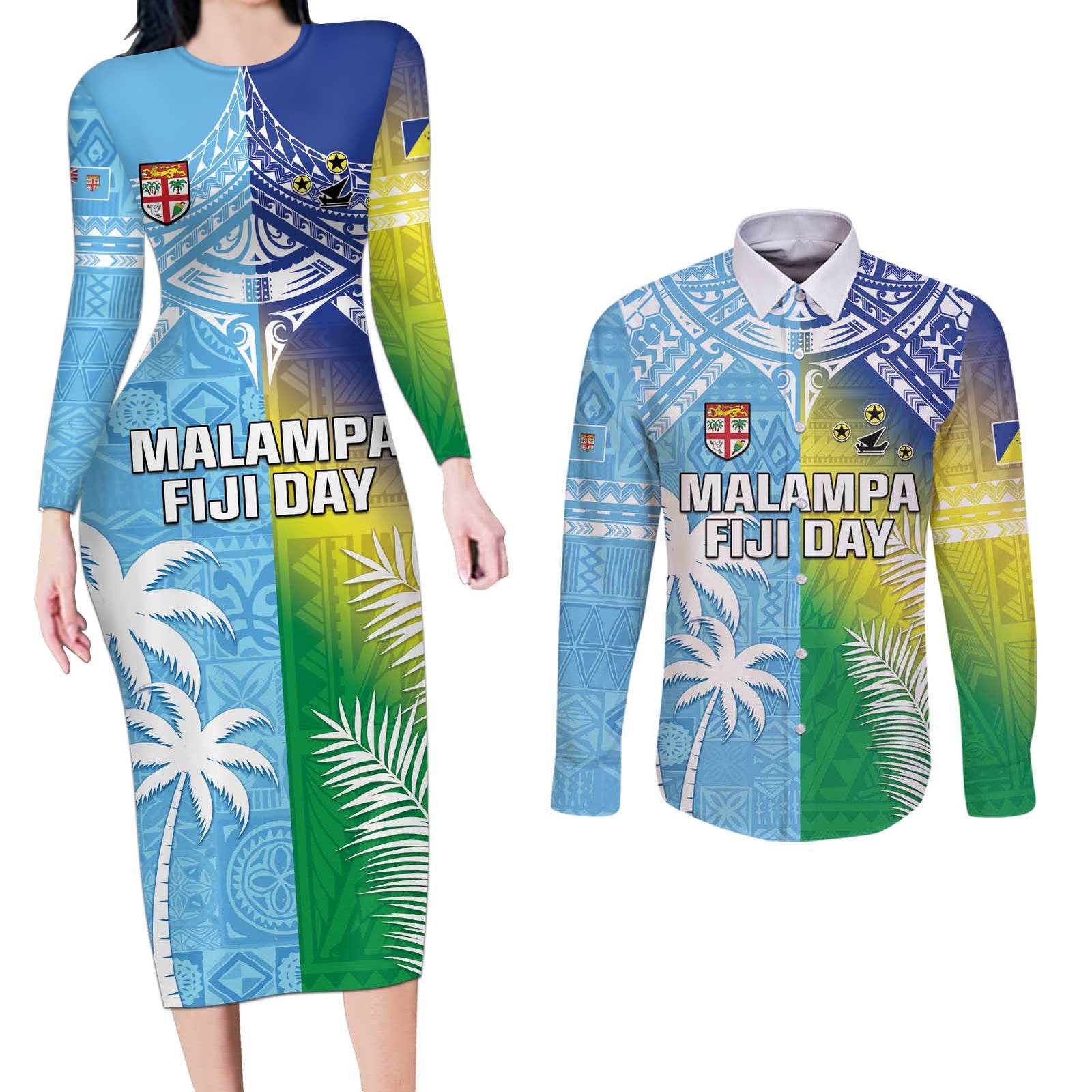 Personalised Happy Malampa Fiji Day Couples Matching Long Sleeve Bodycon Dress and Long Sleeve Button Shirt Half Mix Style LT05 Blue - Polynesian Pride