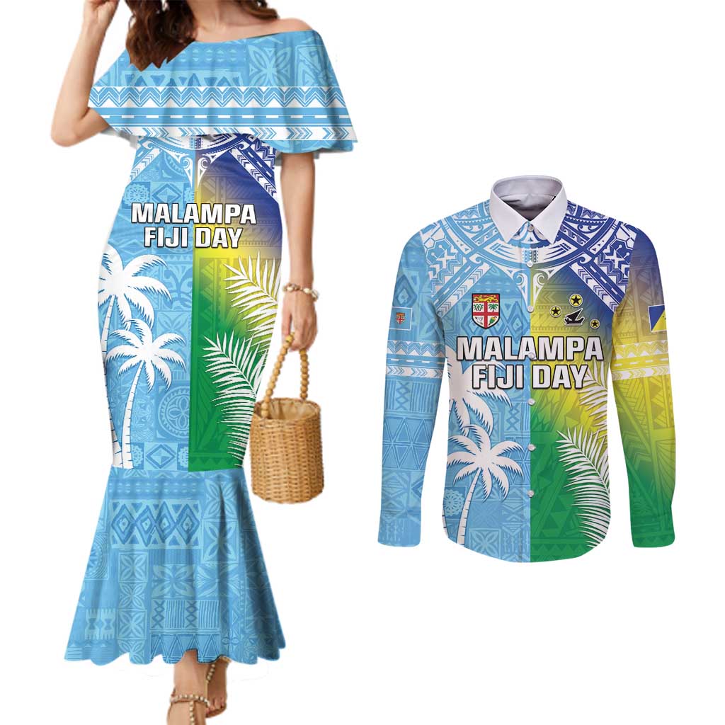 Personalised Happy Malampa Fiji Day Couples Matching Mermaid Dress and Long Sleeve Button Shirt Half Mix Style