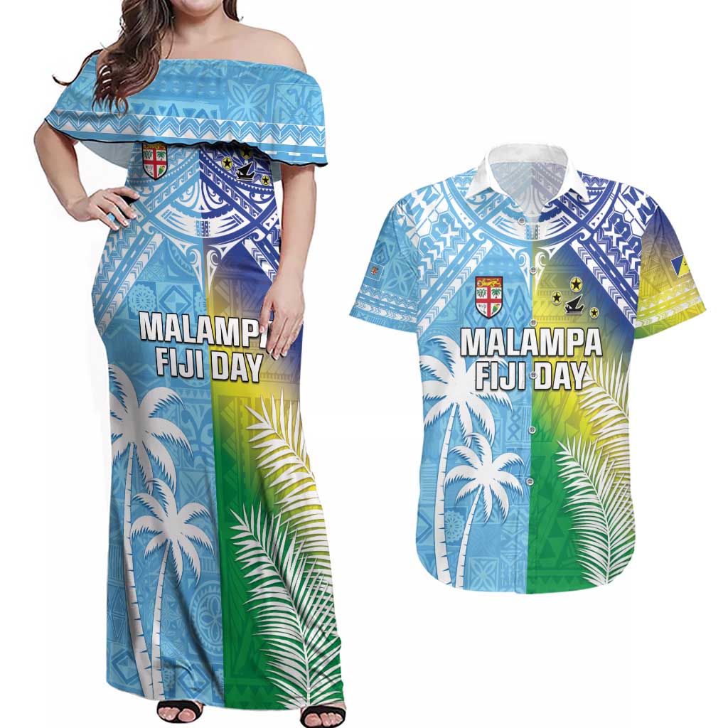 Personalised Happy Malampa Fiji Day Couples Matching Off Shoulder Maxi Dress and Hawaiian Shirt Half Mix Style