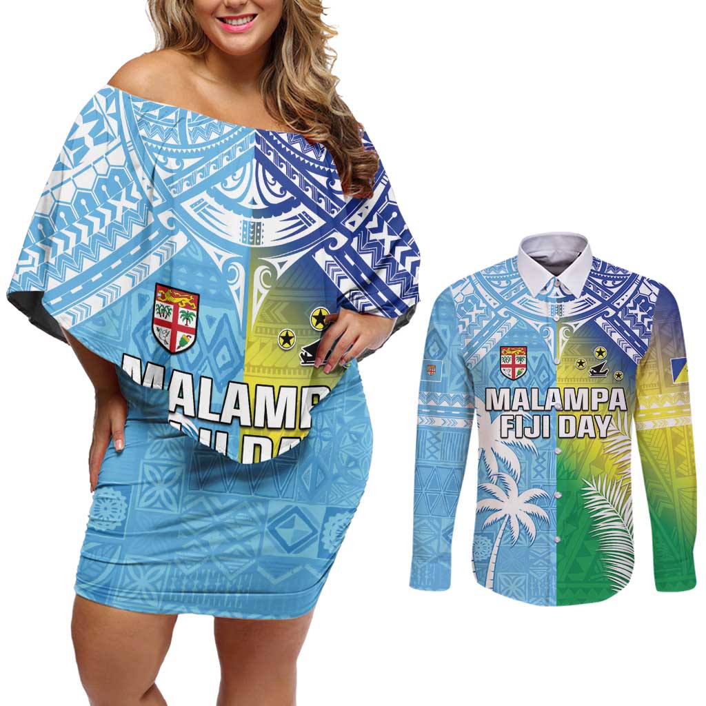 Personalised Happy Malampa Fiji Day Couples Matching Off Shoulder Short Dress and Long Sleeve Button Shirt Half Mix Style