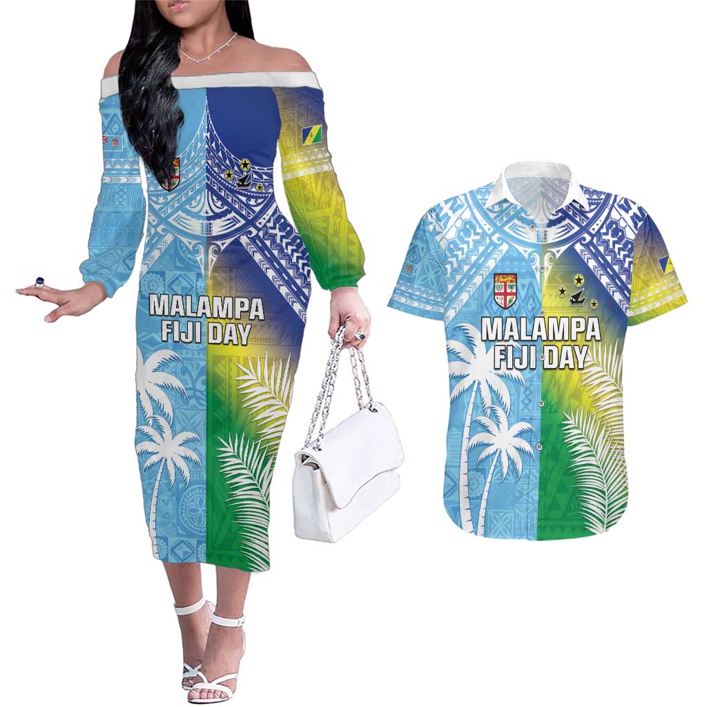 Personalised Happy Malampa Fiji Day Couples Matching Off The Shoulder Long Sleeve Dress and Hawaiian Shirt Half Mix Style LT05 Blue - Polynesian Pride