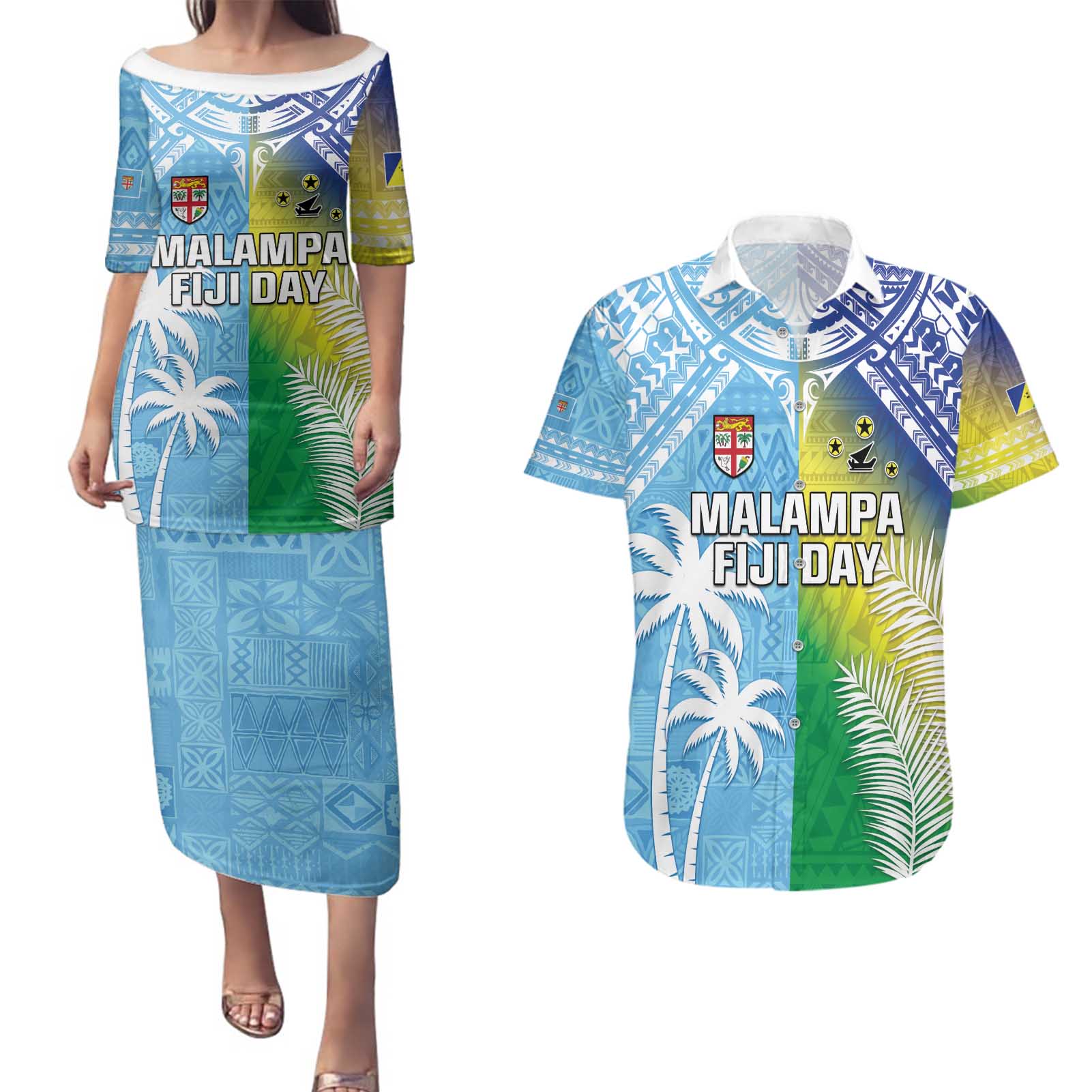 Personalised Happy Malampa Fiji Day Couples Matching Puletasi and Hawaiian Shirt Half Mix Style