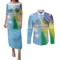 Personalised Happy Malampa Fiji Day Couples Matching Puletasi and Long Sleeve Button Shirt Half Mix Style LT05 Blue - Polynesian Pride