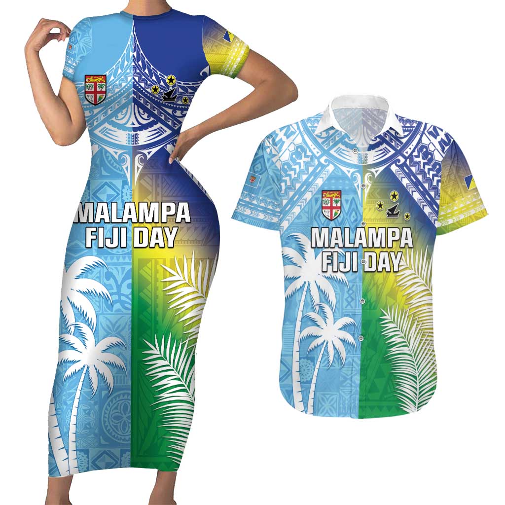 Personalised Happy Malampa Fiji Day Couples Matching Short Sleeve Bodycon Dress and Hawaiian Shirt Half Mix Style