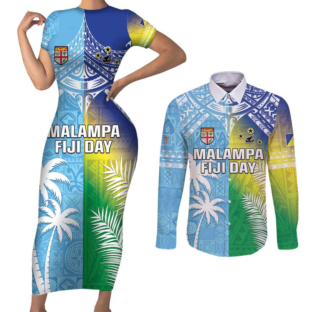 Personalised Happy Malampa Fiji Day Couples Matching Short Sleeve Bodycon Dress and Long Sleeve Button Shirt Half Mix Style LT05 Blue - Polynesian Pride