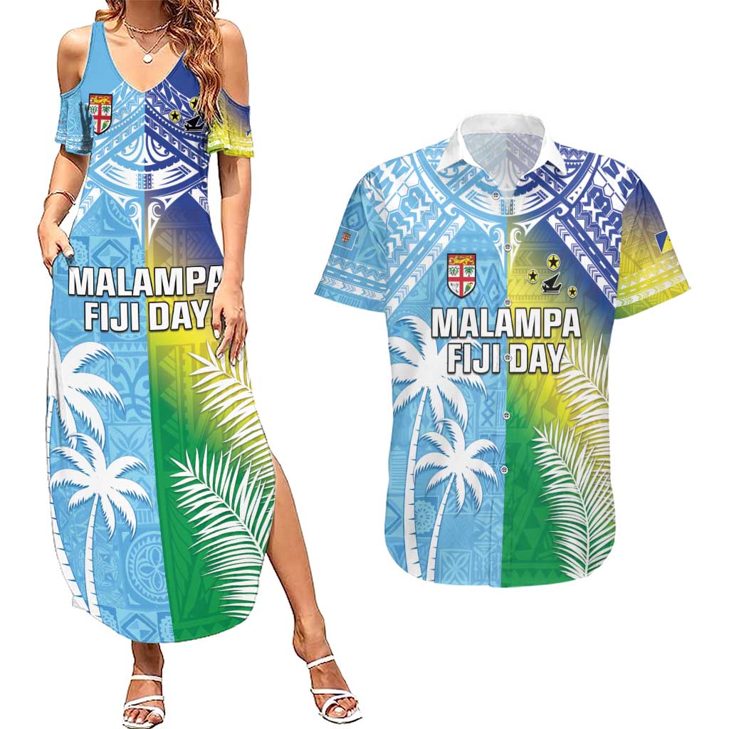 Personalised Happy Malampa Fiji Day Couples Matching Summer Maxi Dress and Hawaiian Shirt Half Mix Style