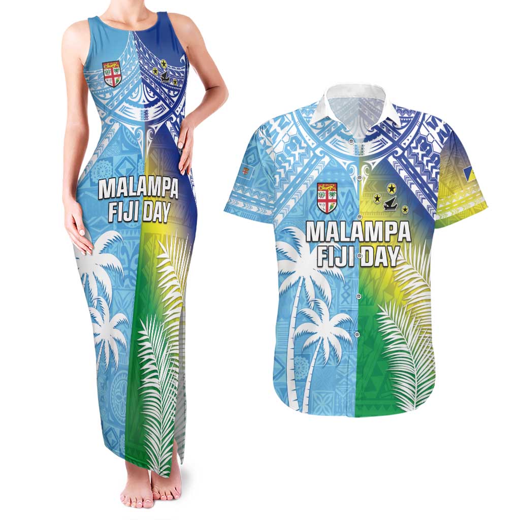 Personalised Happy Malampa Fiji Day Couples Matching Tank Maxi Dress and Hawaiian Shirt Half Mix Style