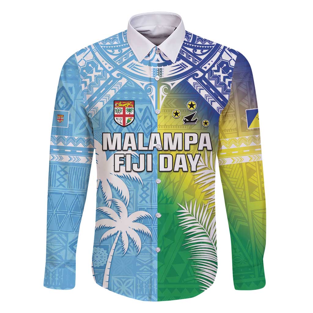 Personalised Happy Malampa Fiji Day Family Matching Mermaid Dress and Hawaiian Shirt Half Mix Style LT05 Dad's Shirt - Long Sleeve Blue - Polynesian Pride