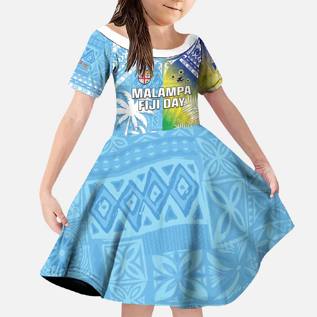 Personalised Happy Malampa Fiji Day Family Matching Summer Maxi Dress and Hawaiian Shirt Half Mix Style LT05 Daughter's Dress Blue - Polynesian Pride