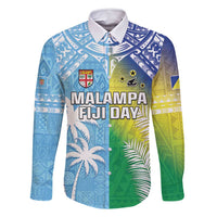 Personalised Happy Malampa Fiji Day Family Matching Summer Maxi Dress and Hawaiian Shirt Half Mix Style LT05 Dad's Shirt - Long Sleeve Blue - Polynesian Pride