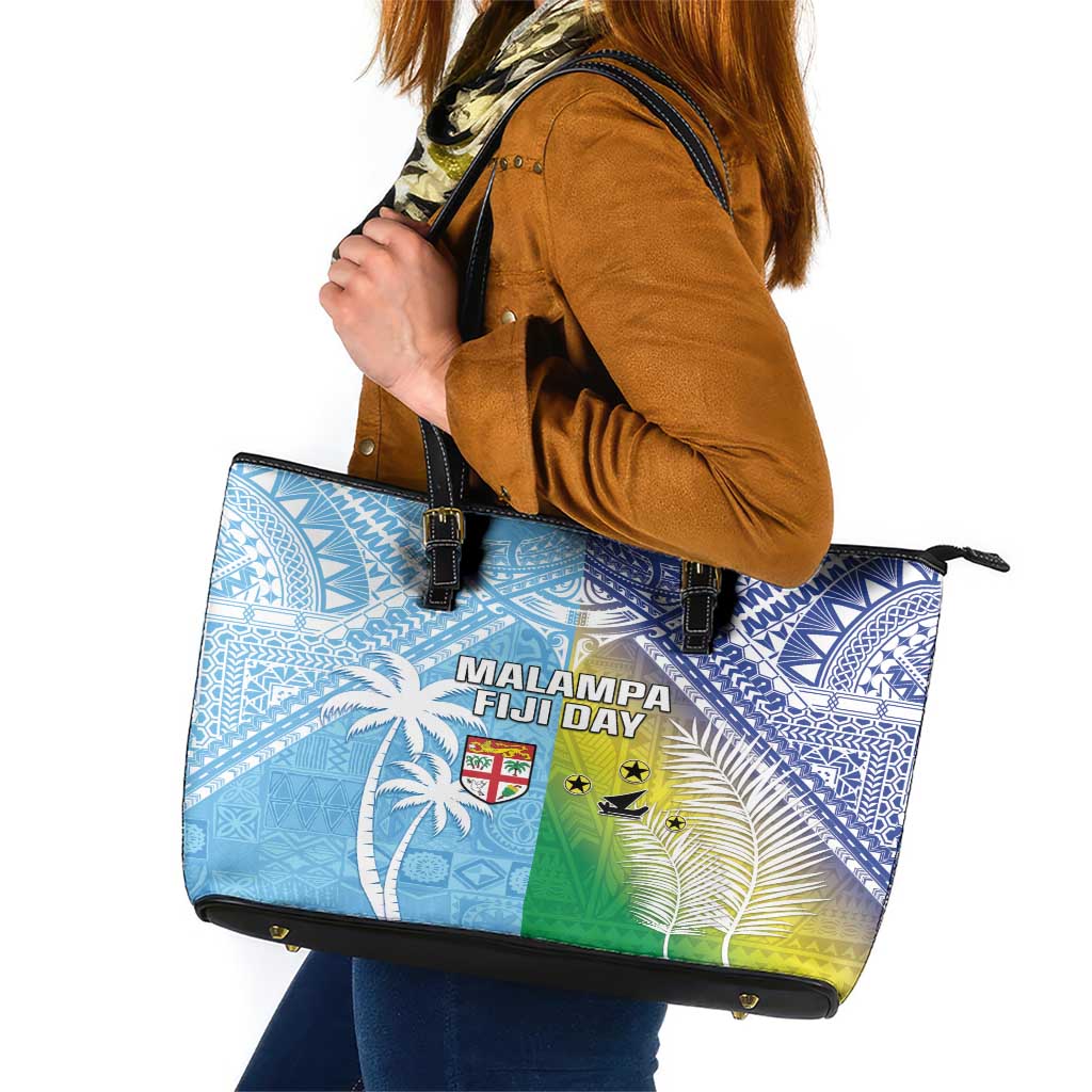 Happy Malampa Fiji Day Leather Tote Bag Half Mix Style LT05 Blue - Polynesian Pride