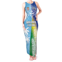 Personalised Happy Malampa Fiji Day Tank Maxi Dress Half Mix Style LT05 Women Blue - Polynesian Pride