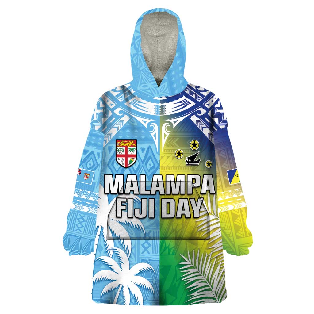 Personalised Happy Malampa Fiji Day Wearable Blanket Hoodie Half Mix Style LT05 One Size Blue - Polynesian Pride