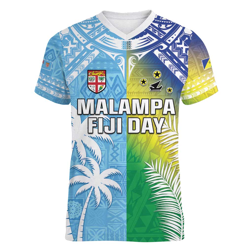 Personalised Happy Malampa Fiji Day Women V-Neck T-Shirt Half Mix Style LT05 Female Blue - Polynesian Pride