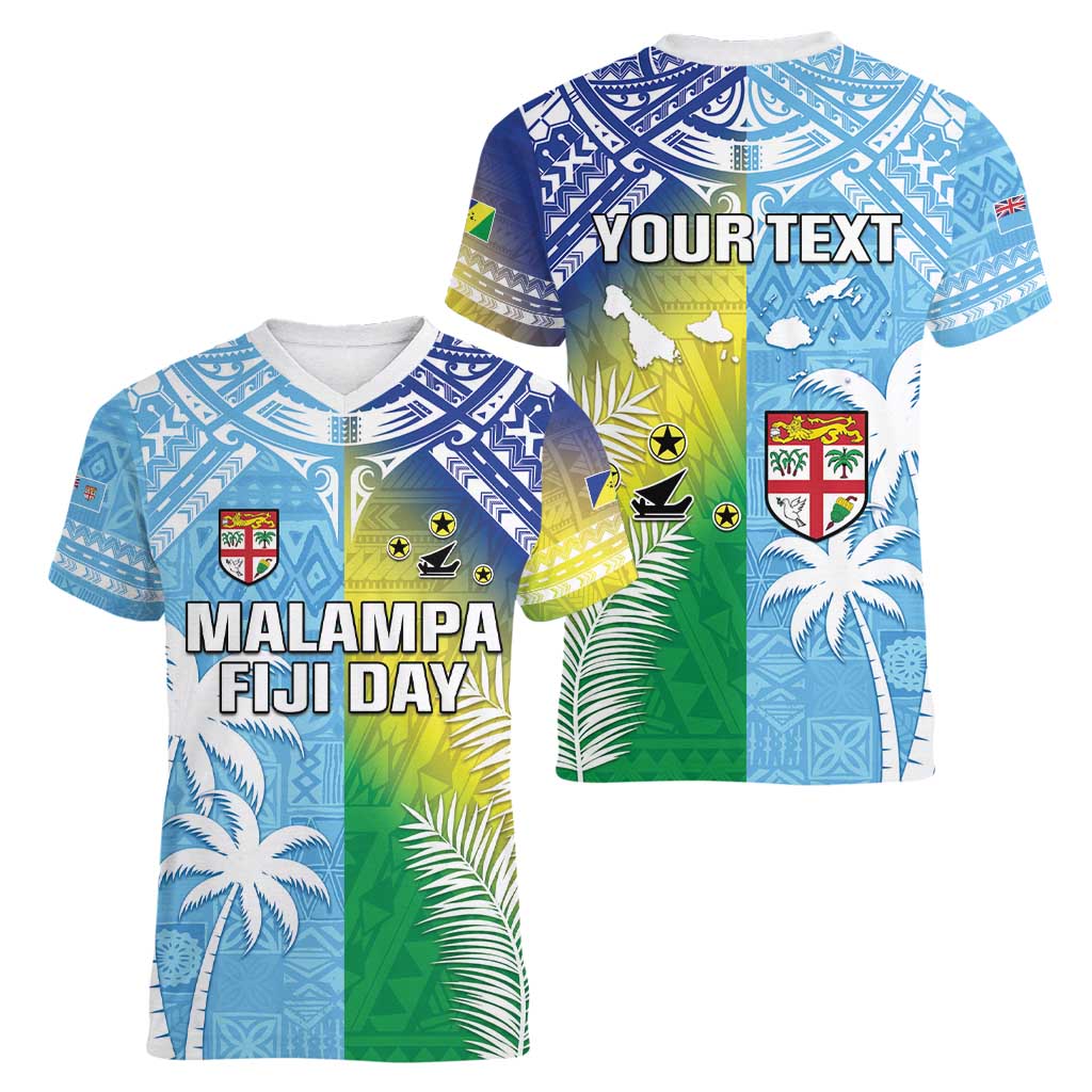 Personalised Happy Malampa Fiji Day Women V-Neck T-Shirt Half Mix Style LT05 - Polynesian Pride
