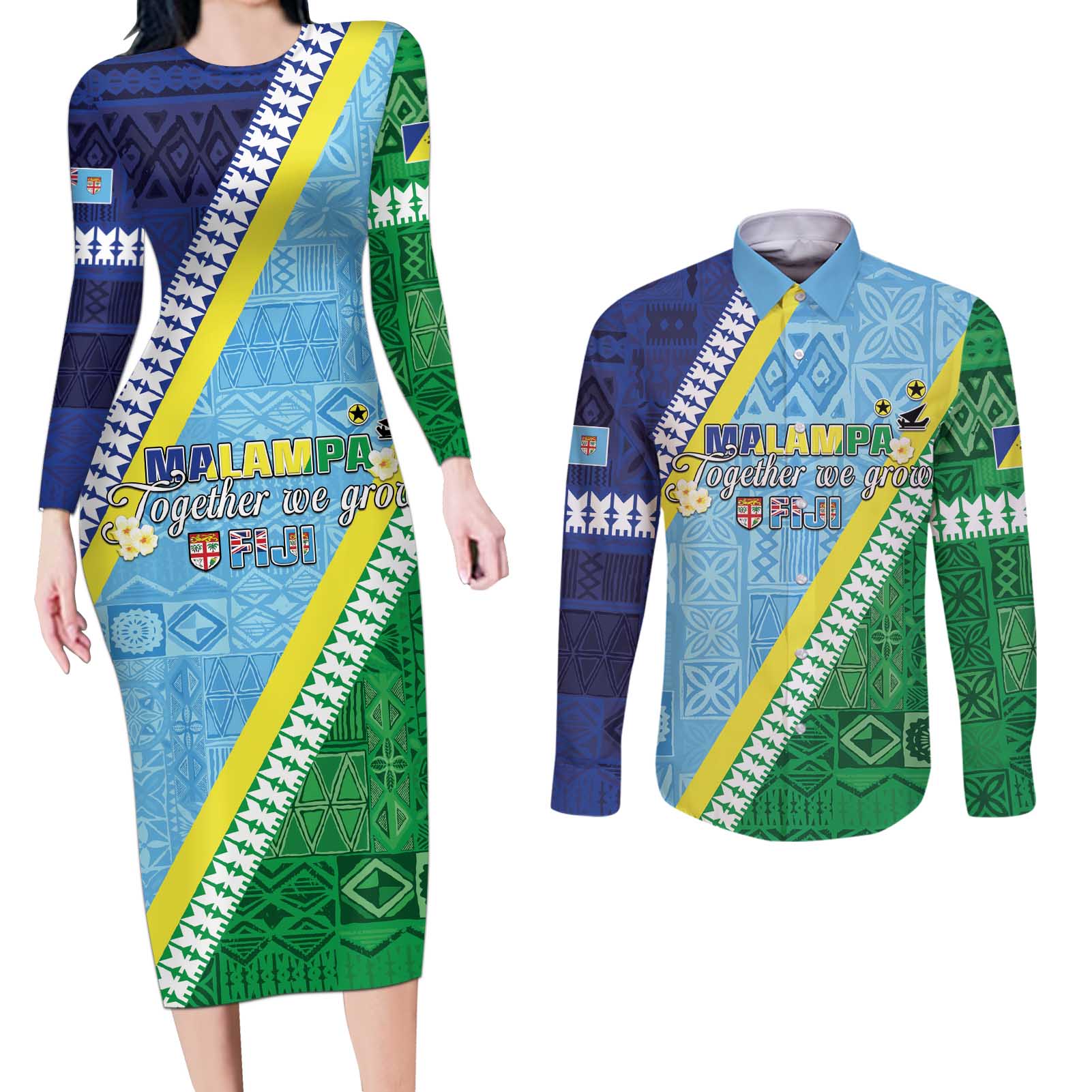 Love Malampa Fiji Day Couples Matching Long Sleeve Bodycon Dress and Long Sleeve Button Shirt Together We Grow