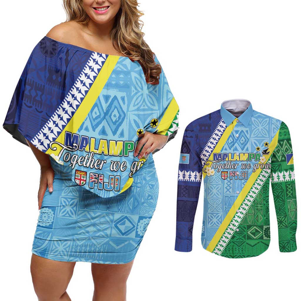 Love Malampa Fiji Day Couples Matching Off Shoulder Short Dress and Long Sleeve Button Shirt Together We Grow