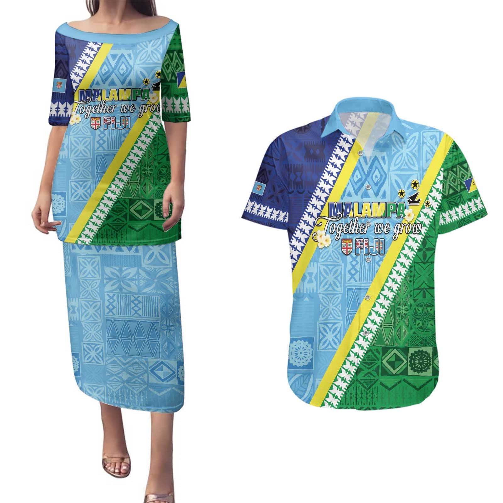 Love Malampa Fiji Day Couples Matching Puletasi and Hawaiian Shirt Together We Grow LT05 Blue - Polynesian Pride