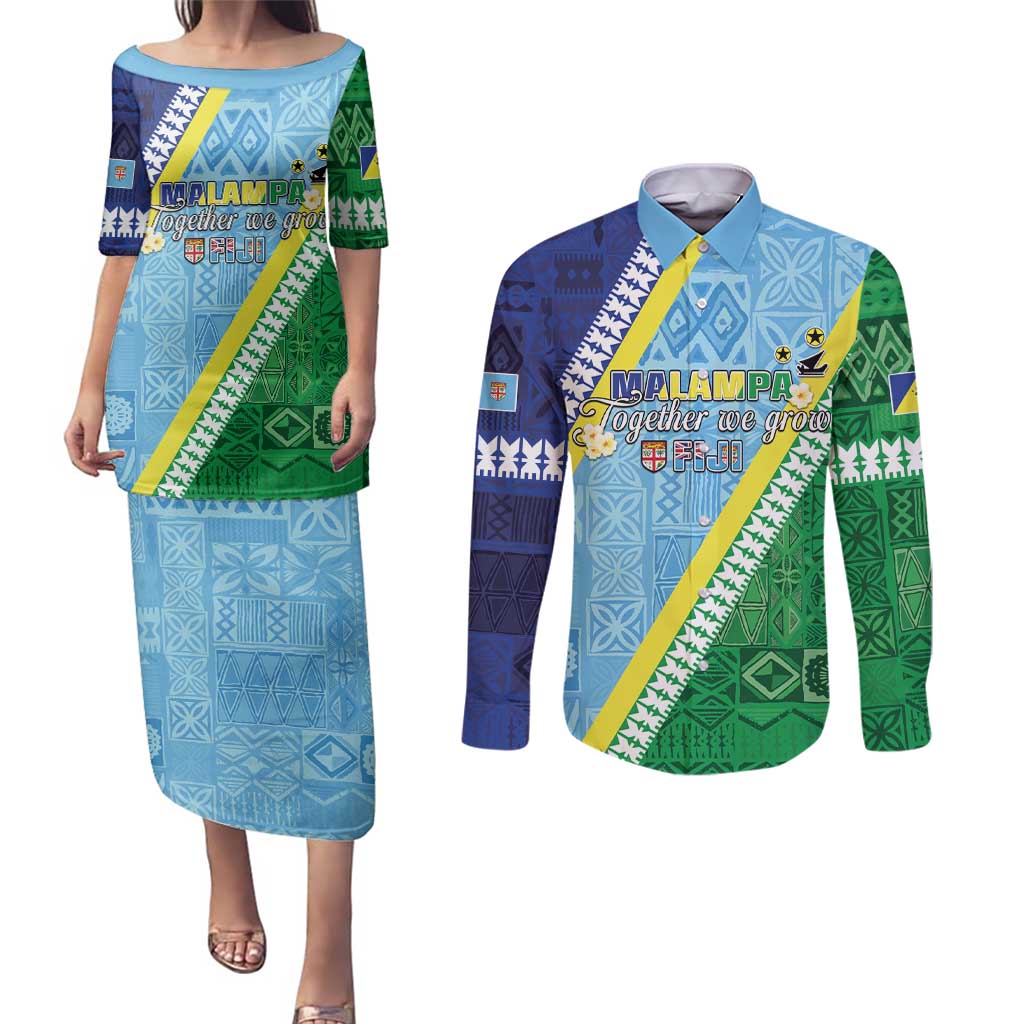 Love Malampa Fiji Day Couples Matching Puletasi and Long Sleeve Button Shirt Together We Grow